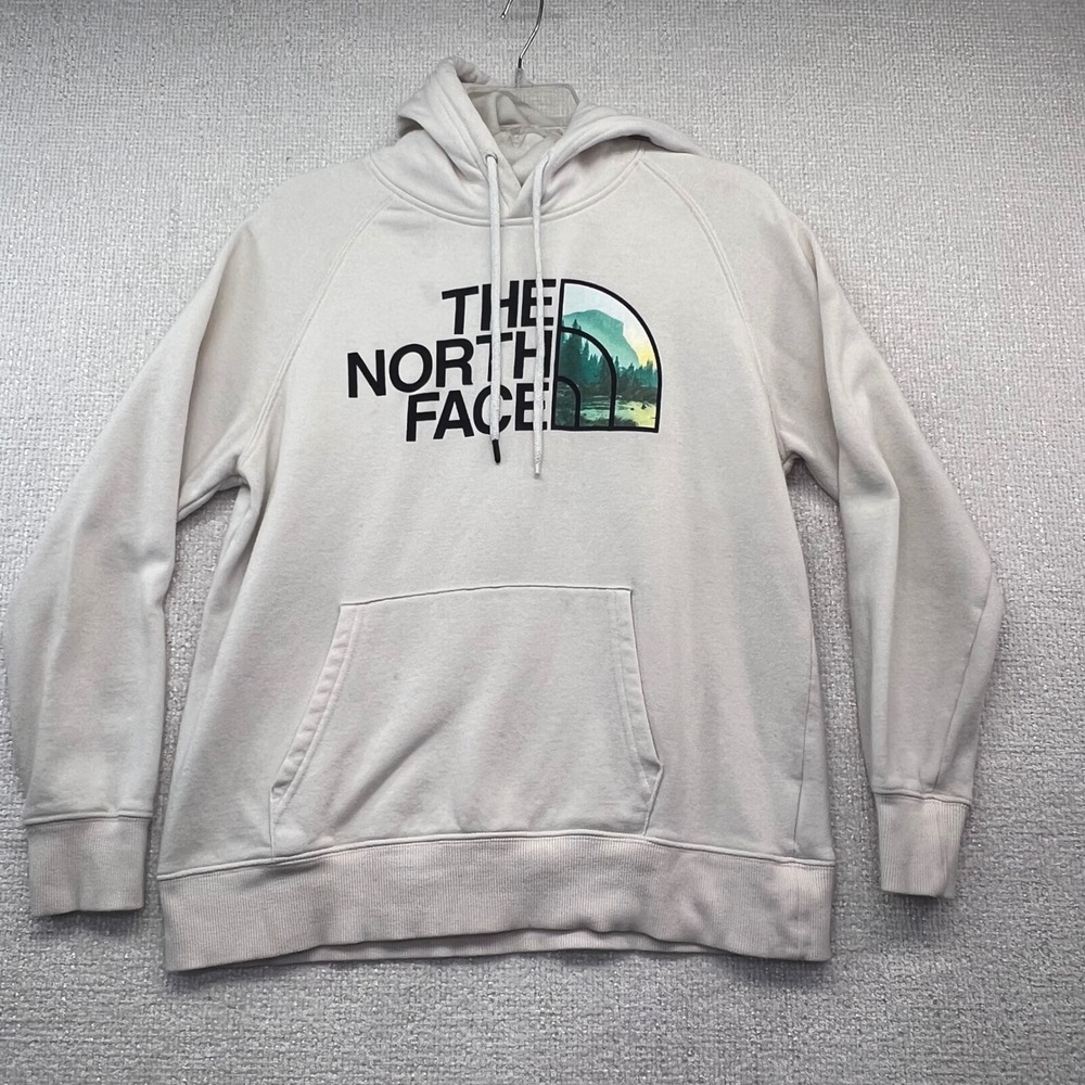 The‎ North Face Womens M Cream Hoodie Sweatshirt Landscape Logo Pullover